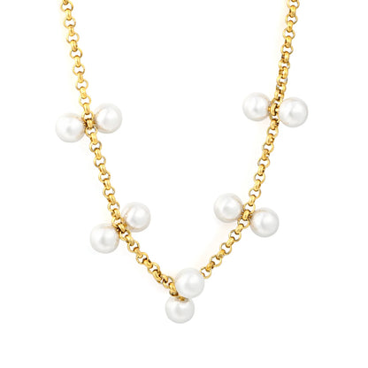Elegant Scattered Double Pearl Cluster Choker Necklace | 6mm Twin Pearl Beads | 42+5cm Rolo Chain