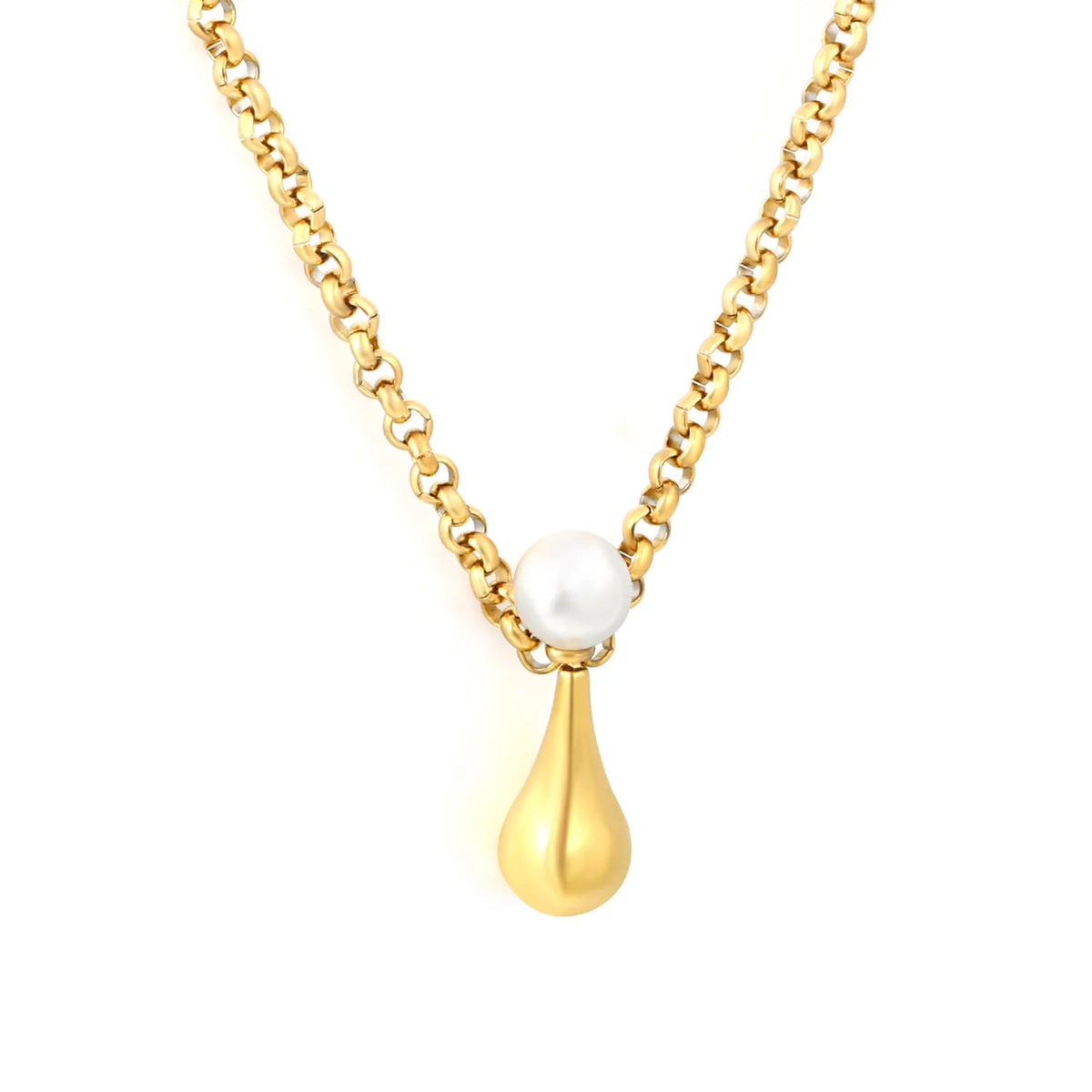 Chunky Rolo Chain Pearl Teardrop Pendant Necklace | 6mm Pearl | 7x13mm Water Drop Charm | 42+5cm Adjustable Chain