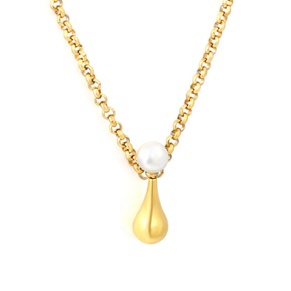 Chunky Rolo Chain Pearl Teardrop Pendant Necklace | 6mm Pearl | 7x13mm Water Drop Charm | 42+5cm Adjustable Chain