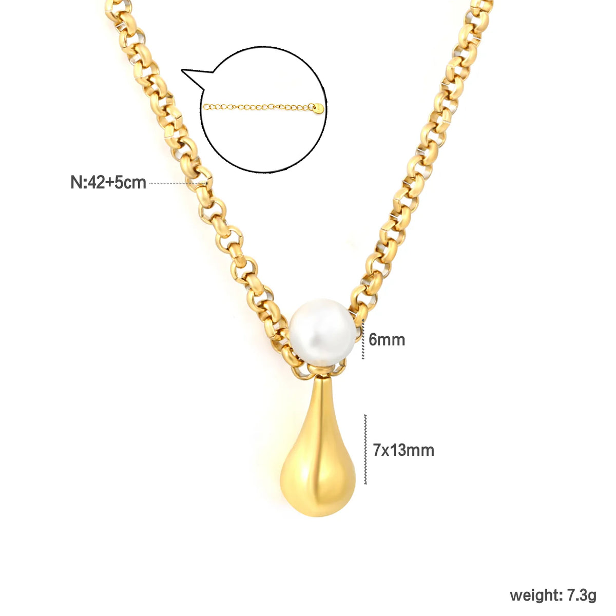 Chunky Rolo Chain Pearl Teardrop Pendant Necklace | 6mm Pearl | 7x13mm Water Drop Charm | 42+5cm Adjustable Chain