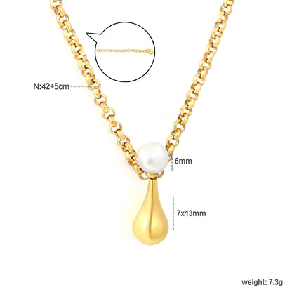 Chunky Rolo Chain Pearl Teardrop Pendant Necklace | 6mm Pearl | 7x13mm Water Drop Charm | 42+5cm Adjustable Chain