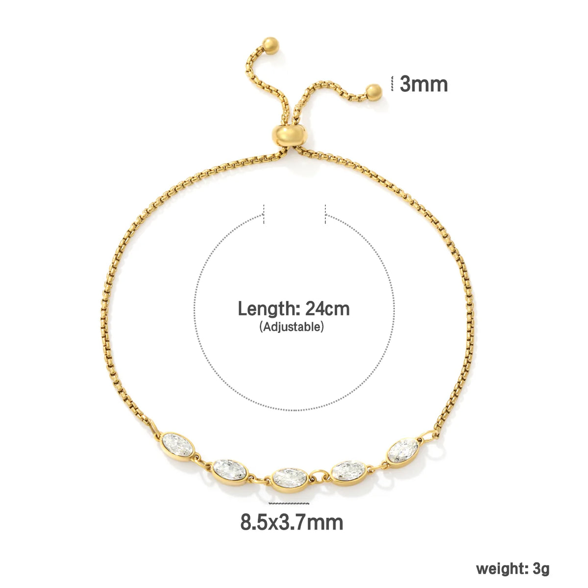Minimalist Oval Clear CZ Bolo Bracelet | 8.5x3.7mm Marquise Oval Zircon | 24cm Adjustable Box Chain
