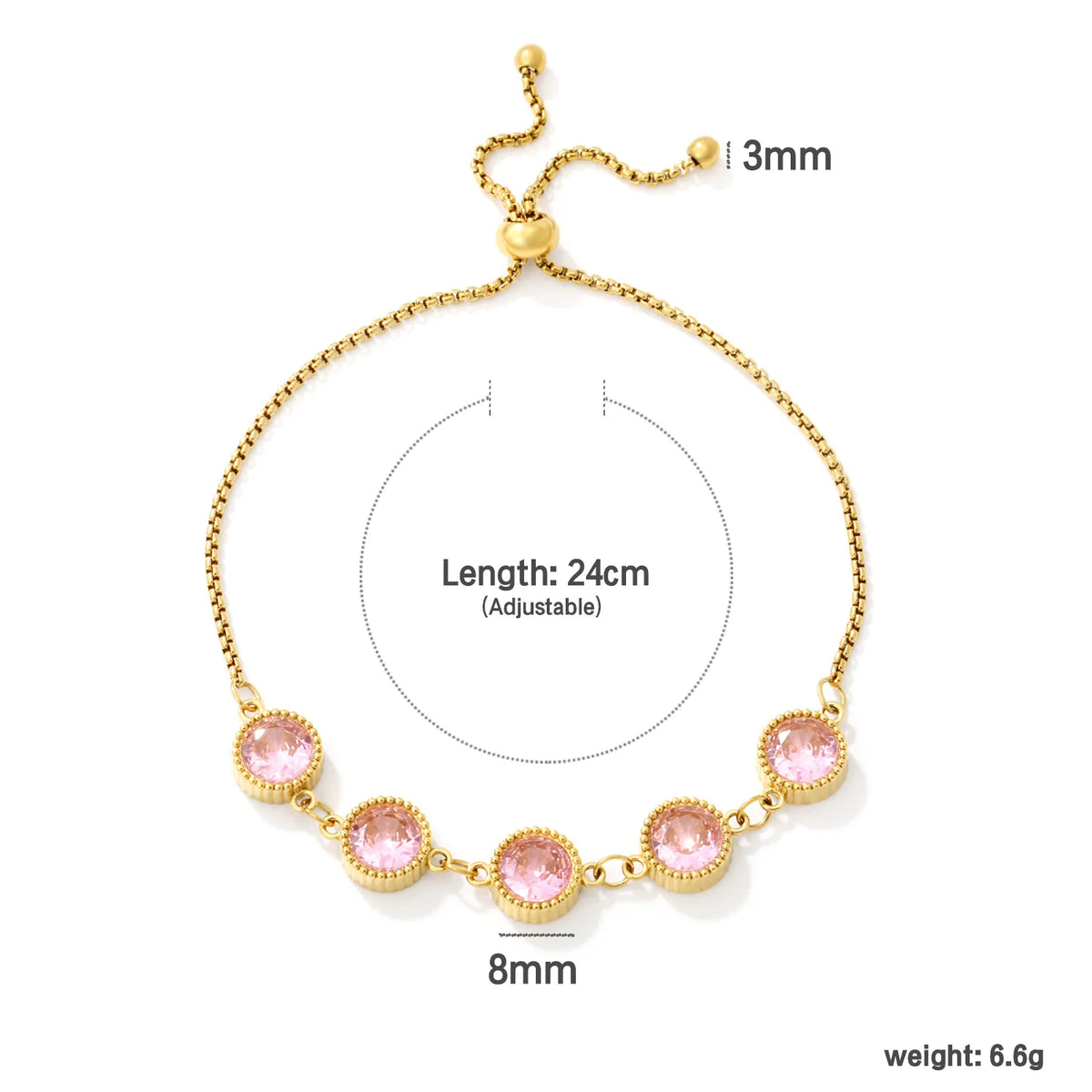Milgrain Round Pink Zircon Bolo Bracelet | 8mm Round CZ | 24cm Adjustable Box Chain