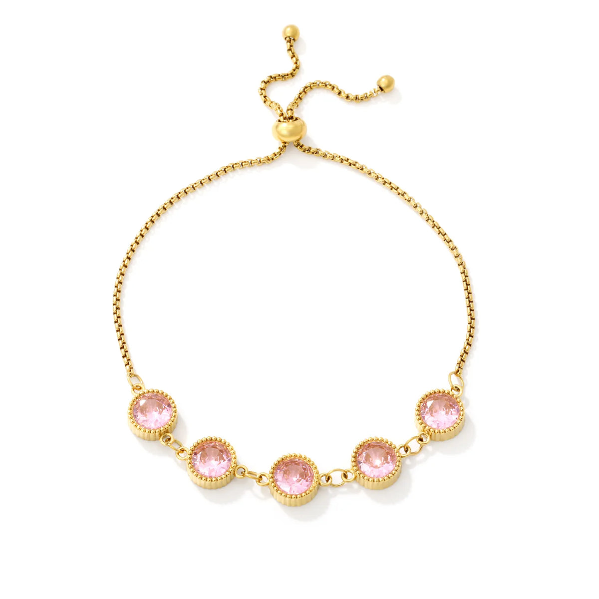 Milgrain Round Pink Zircon Bolo Bracelet | 8mm Round CZ | 24cm Adjustable Box Chain