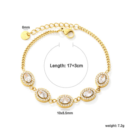 Halo Oval Clear Zircon Station Bracelet | 10x8.5mm Oval CZ | 17+3cm Curb Chain