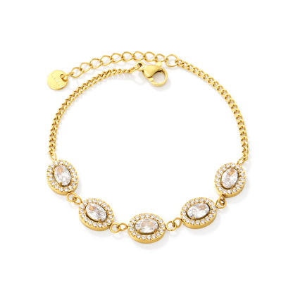 Halo Oval Clear Zircon Station Bracelet | 10x8.5mm Oval CZ | 17+3cm Curb Chain