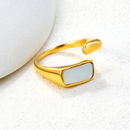 12.7mm 18K PVD Gold Plated Stainless Steel Ring Adjustable White Mother Pearl Open for Women