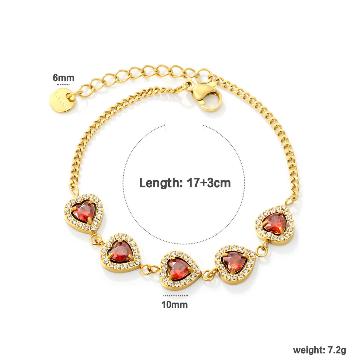 Romantic Halo Heart Red Zircon Station Bracelet | 10mm Heart CZ | 17+3cm Curb Chain