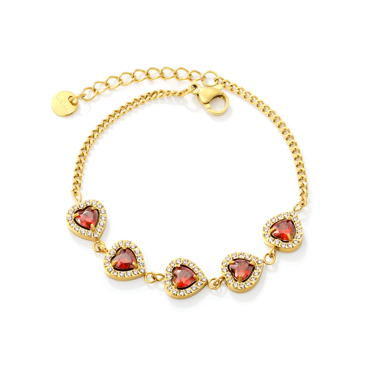 Romantic Halo Heart Red Zircon Station Bracelet | 10mm Heart CZ | 17+3cm Curb Chain