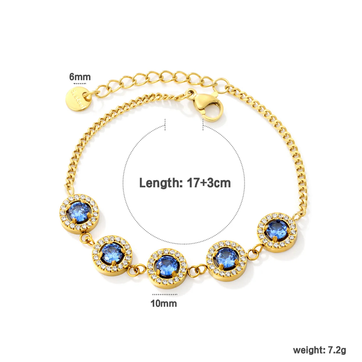 Elegant Bezel Set Sapphire Blue Cubic Zirconia Halo Bracelet | 10mm Double Layer CZ Charm | 17+3cm Curb Chain