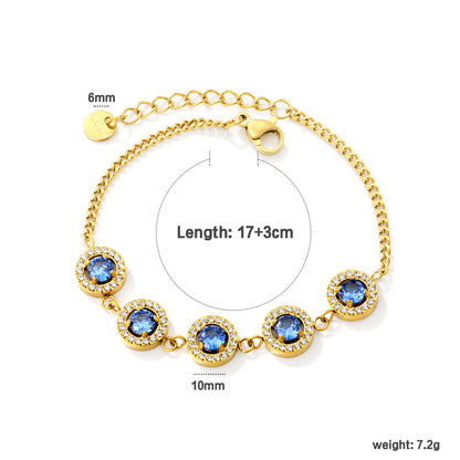 Elegant Bezel Set Sapphire Blue Cubic Zirconia Halo Bracelet | 10mm Double Layer CZ Charm | 17+3cm Curb Chain