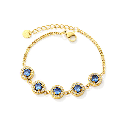 Elegant Bezel Set Sapphire Blue Cubic Zirconia Halo Bracelet | 10mm Double Layer CZ Charm | 17+3cm Curb Chain