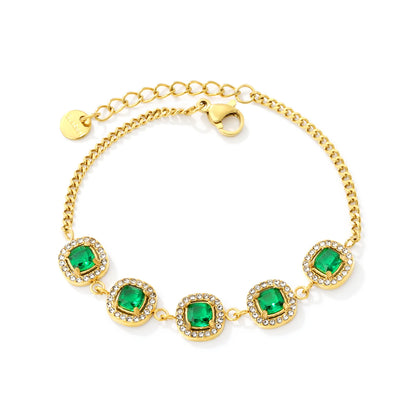 Halo Cushion Green Zircon Station Bracelet | 10mm Square Cushion CZ | 17+3cm Curb Chain