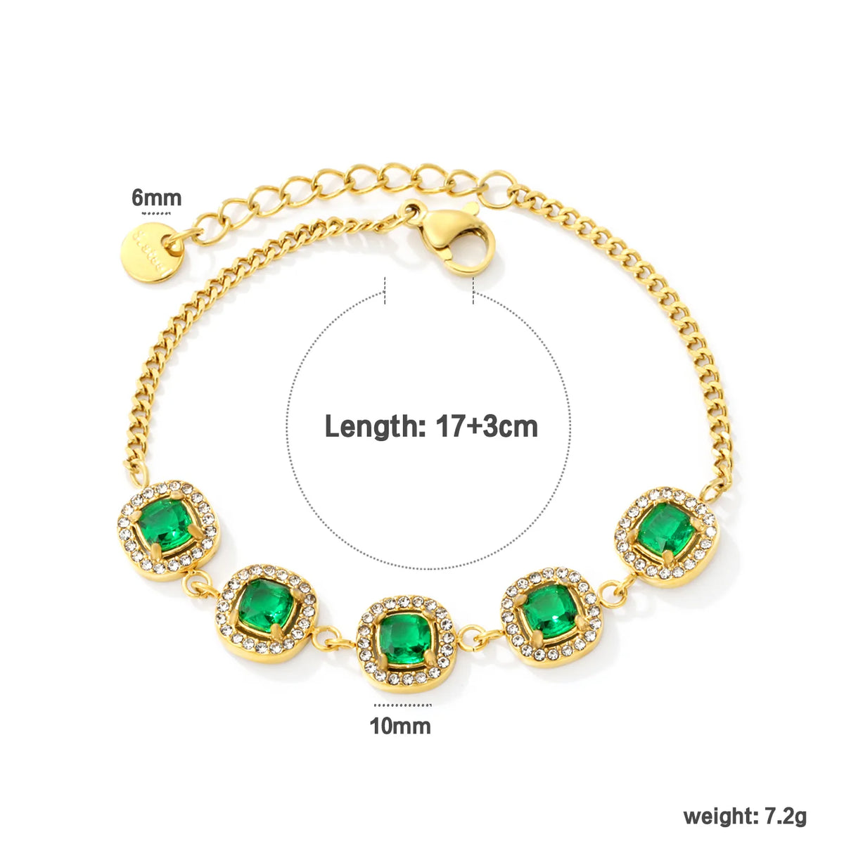 Halo Cushion Green Zircon Station Bracelet | 10mm Square Cushion CZ | 17+3cm Curb Chain