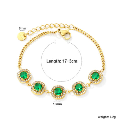 Halo Cushion Green Zircon Station Bracelet | 10mm Square Cushion CZ | 17+3cm Curb Chain