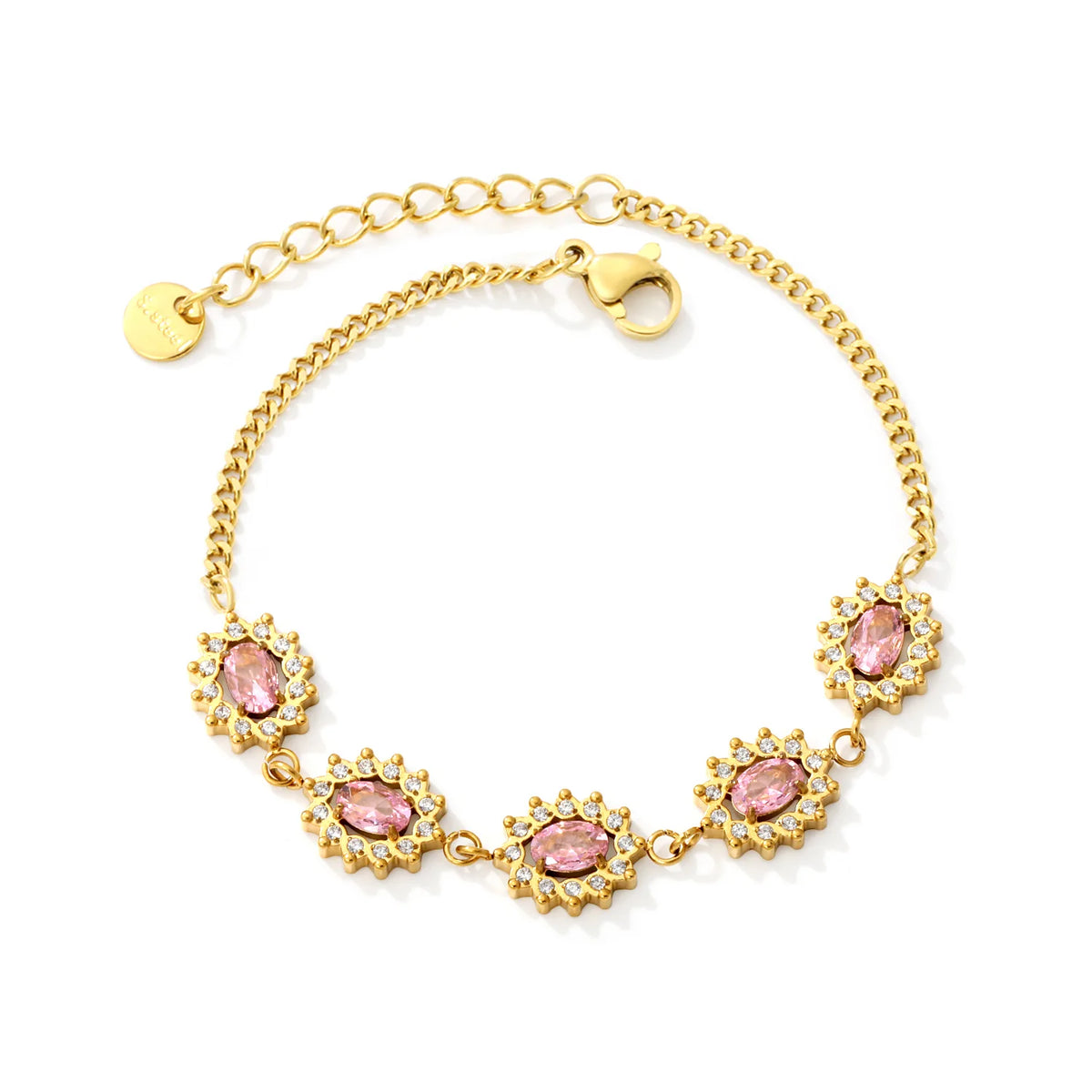 Ornate Floral Halo Oval Pink Zircon Station Bracelet | 12x10mm Oval CZ | 17+3cm Curb Chain