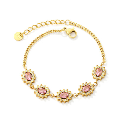 Ornate Floral Halo Oval Pink Zircon Station Bracelet | 12x10mm Oval CZ | 17+3cm Curb Chain