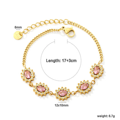 Ornate Floral Halo Oval Pink Zircon Station Bracelet | 12x10mm Oval CZ | 17+3cm Curb Chain