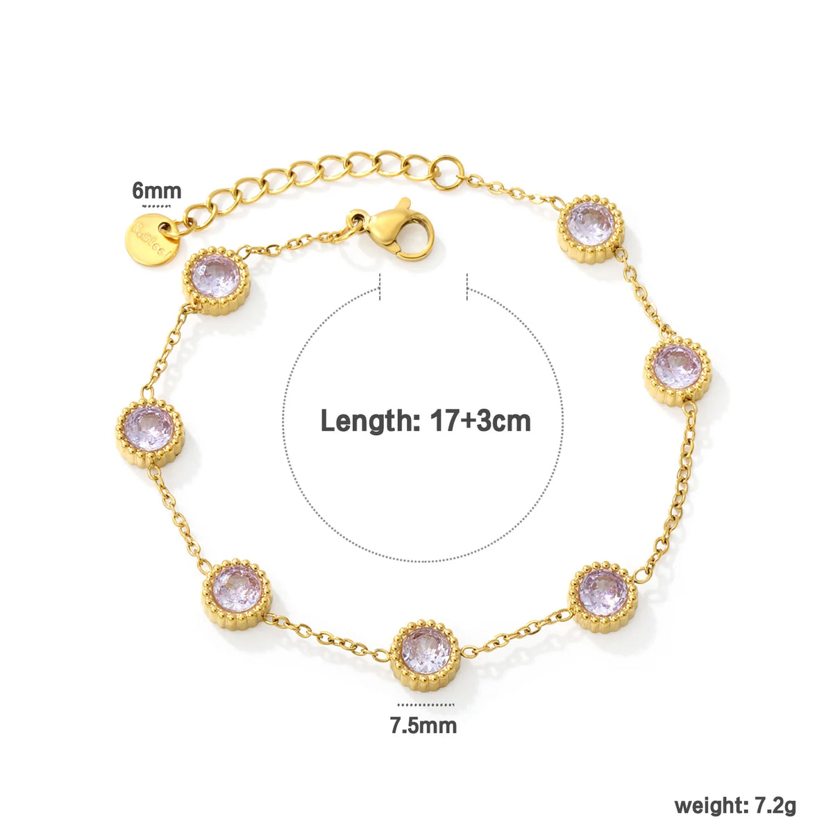 Vintage Milgrain Round Lavender Zircon Station Bracelet | 7.5mm Round CZ | 17+3cm Adjustable Chain