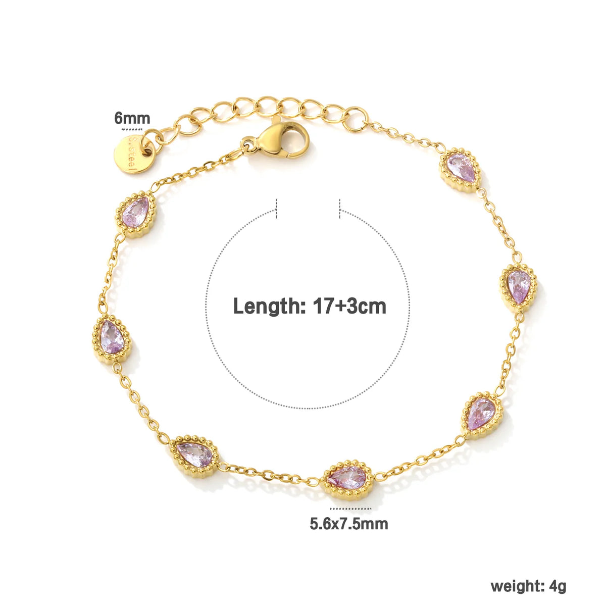 Milgrain Teardrop Pink Zircon Station Bracelet | 5.6x7.5mm Pear CZ | 17+3cm Adjustable Chain
