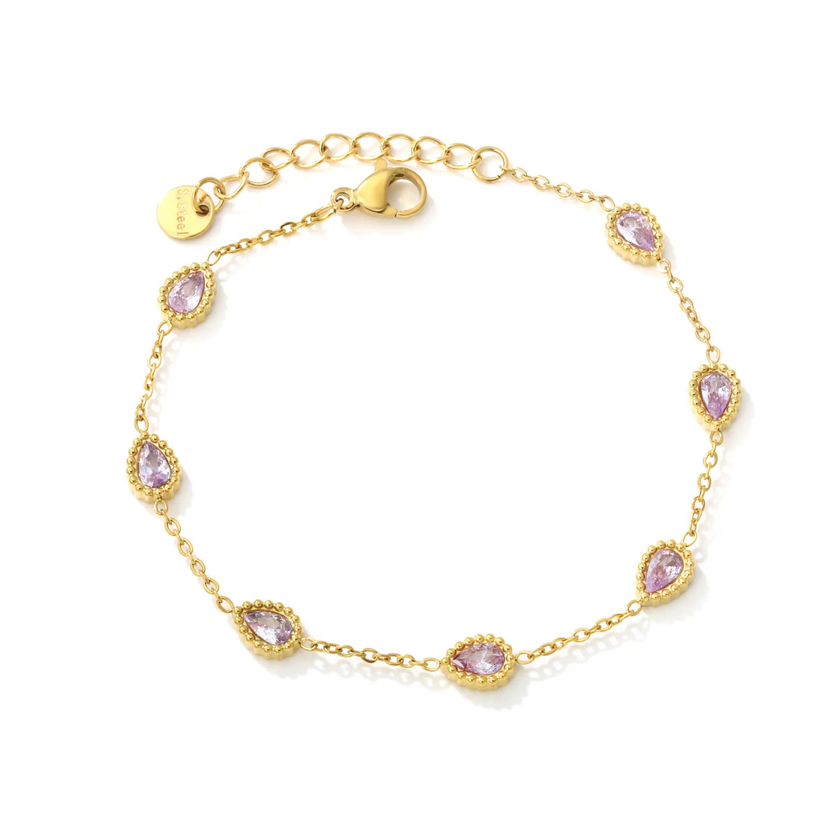 Milgrain Teardrop Pink Zircon Station Bracelet | 5.6x7.5mm Pear CZ | 17+3cm Adjustable Chain
