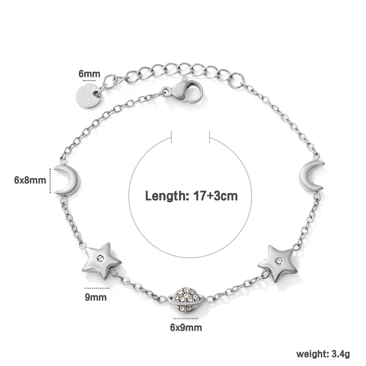 Whimsical Celestial Star Moon Saturn Charm Bracelet | 6-9mm Mixed Charms | 17+3cm Adjustable Cable Chain | 18K Gold Plated & Silver Tone Two Colors