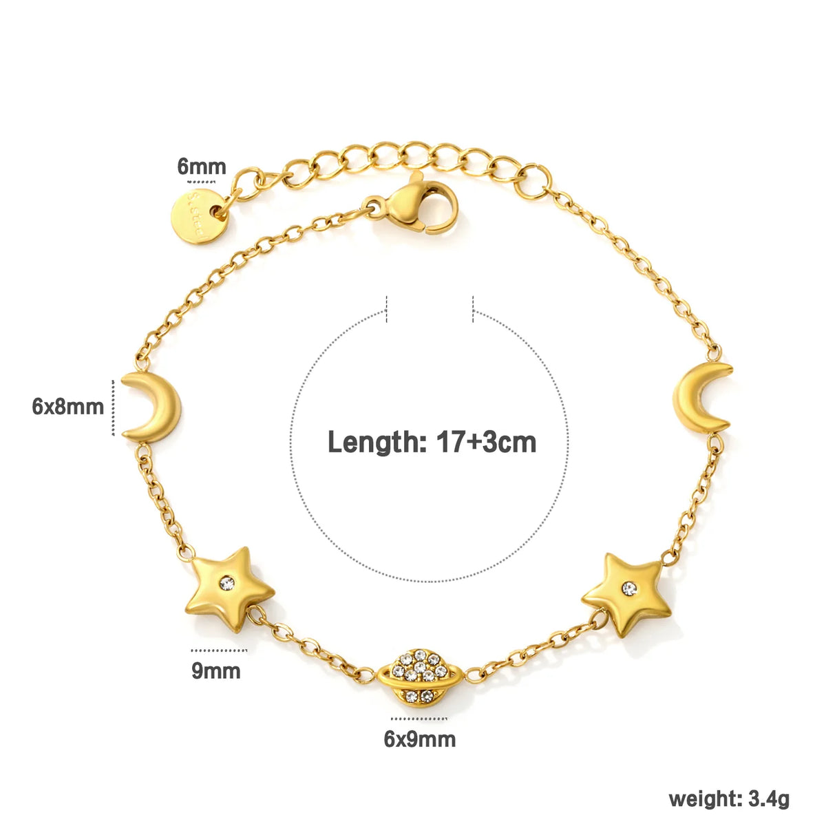 Whimsical Celestial Star Moon Saturn Charm Bracelet | 6-9mm Mixed Charms | 17+3cm Adjustable Cable Chain | 18K Gold Plated & Silver Tone Two Colors
