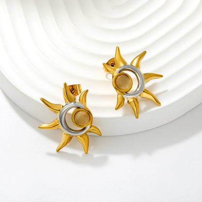 Boho Sun Moon Stud Earrings 22x27mm Two Tone Cat Eye Stone | 18K Gold Plated | Wholesale MOQ 12