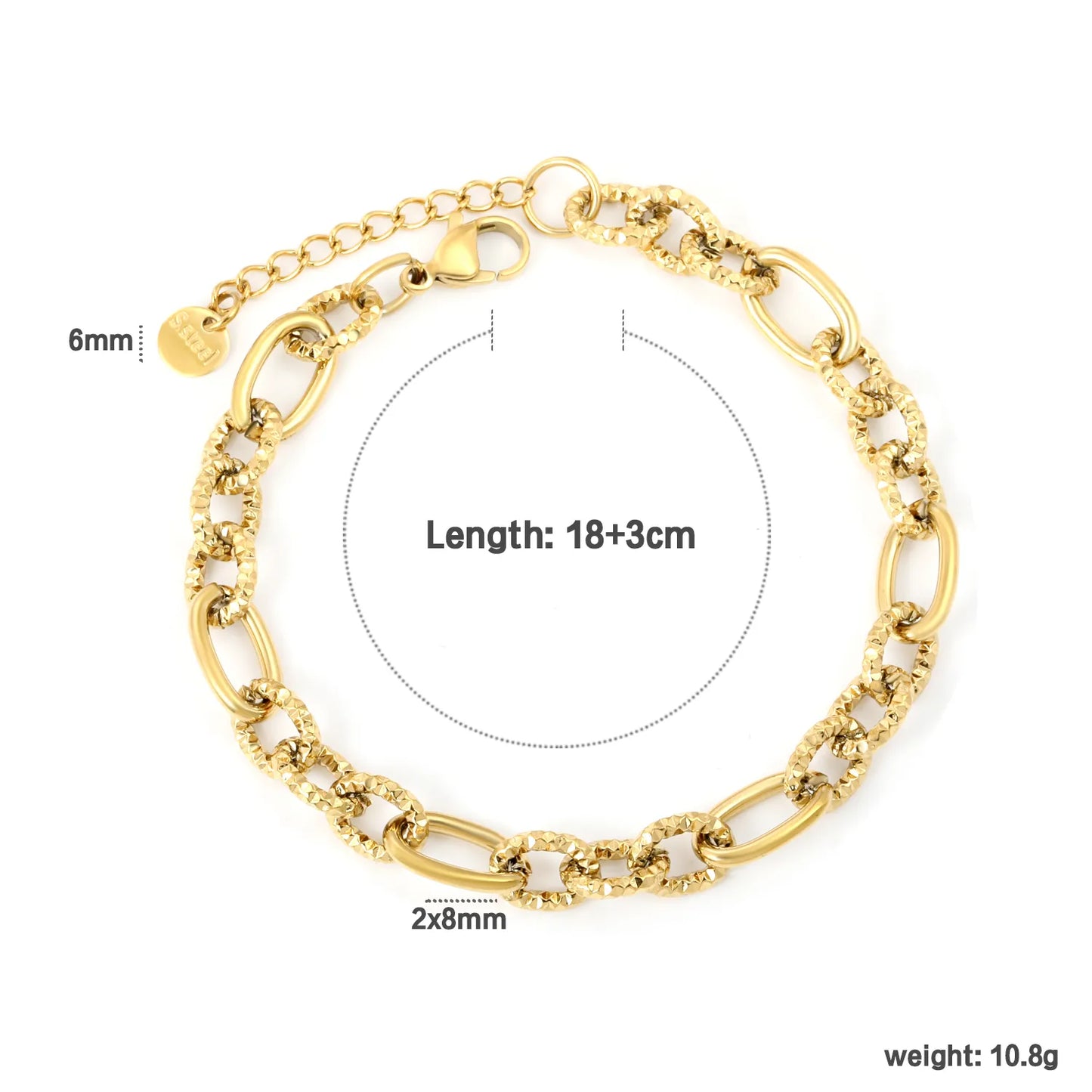 Wholesale Mixed Oval & Textured Link Chain Bracelet in Gold-Plated Stainless Steel | Adjustable Extension | Silver Color Available