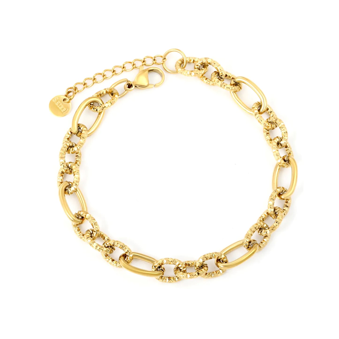 Wholesale Mixed Oval & Textured Link Chain Bracelet in Gold-Plated Stainless Steel | Adjustable Extension | Silver Color Available