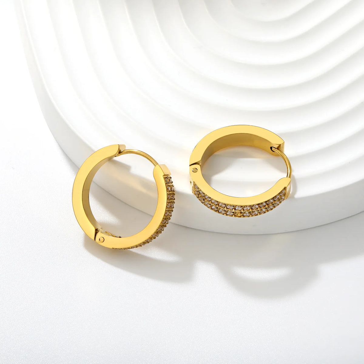 Chunky Double Row CZ Huggie Hoop Earrings | Gold & Steel Color | 4x20mm Paved Cubic Zirconia | MOQ 12