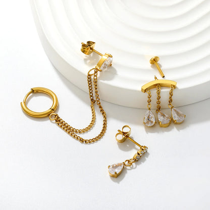 Statement Linked Huggie & Stud Earring Pack | Layered Water Drop CZ Dangle Chain Earrings For Ear Stack