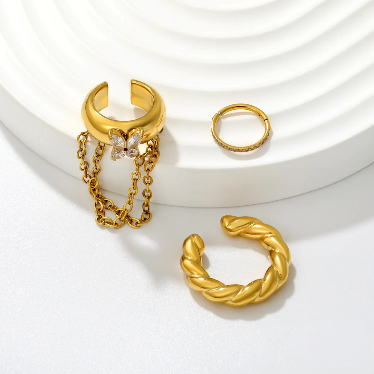 Butterfly CZ Chain Ear Cuff Set | 3Pcs Twisted Open Cuff & Pave Hoop | 18K Gold Plated Stack Ear Jewelry