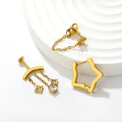 Layered Chain Drop CZ Ear Jewelry Pack | Mixed Style Square Floral Zircon Studs & Star Huggies