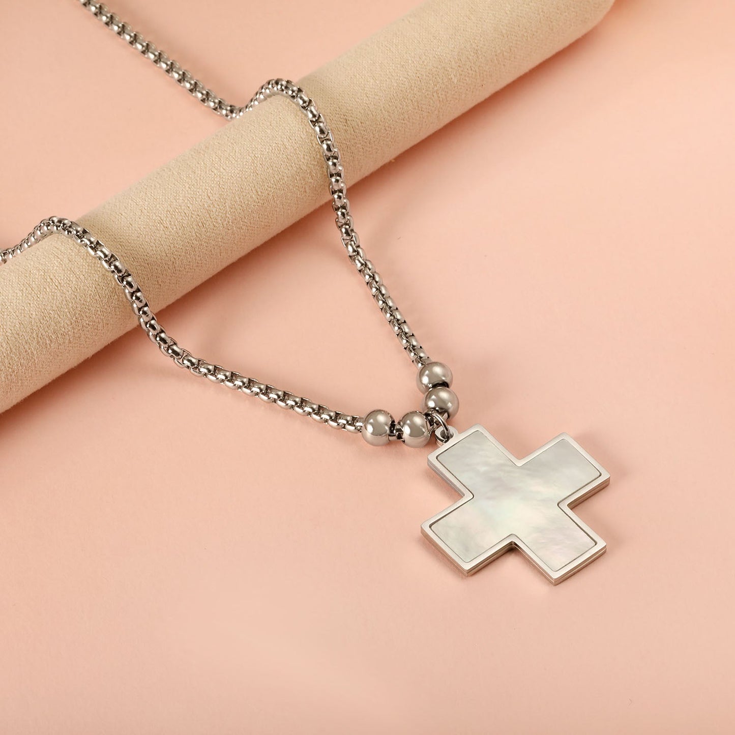 2024 New Year Cross with White Shell + 4 Steel Beads Pendant Necklace 50+5cm