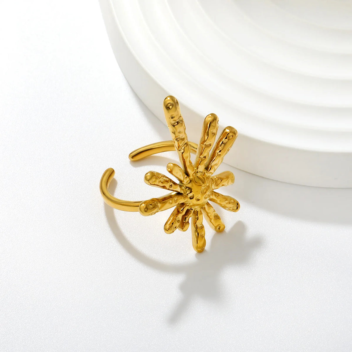 Textured Hammered Firework Open Cuff Ring | 25x30mm 18K Gold Plated Abstract Burst Statement Ring | Size 8