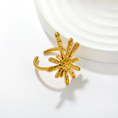 Textured Hammered Firework Open Cuff Ring | 25x30mm 18K Gold Plated Abstract Burst Statement Ring | Size 8