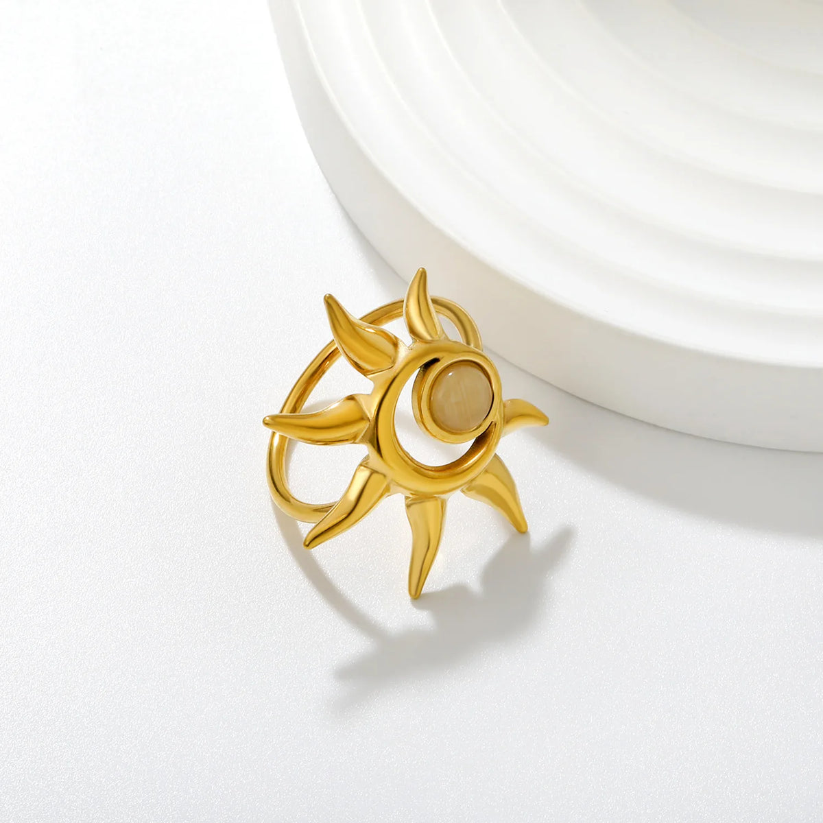 Boho Sun Opal Inlay Statement Ring | 27mm 18K Gold Plated Hollow Solar Open Ring | Size 8