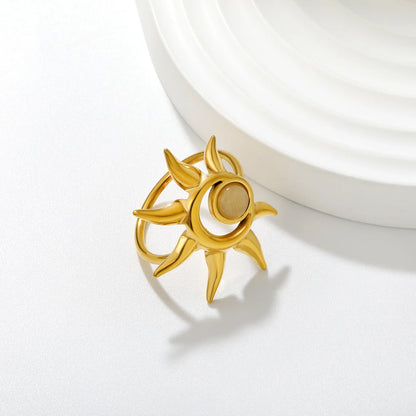 Boho Sun Opal Inlay Statement Ring | 27mm 18K Gold Plated Hollow Solar Open Ring | Size 8
