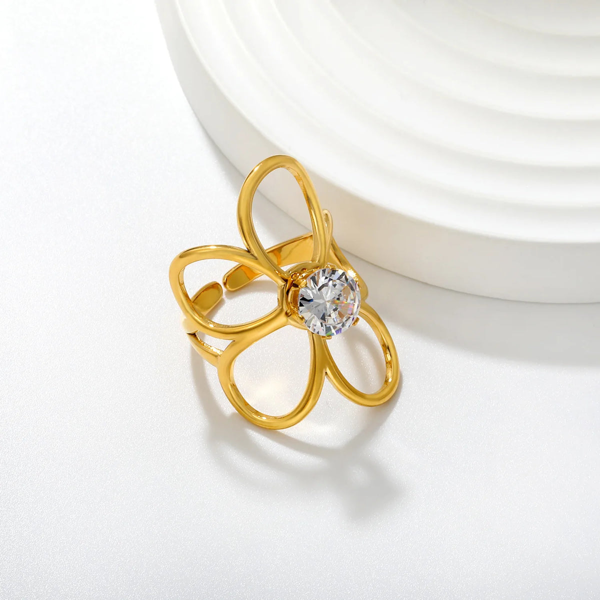 Oversized Outline Flower Zircon Ring | 30mm 18K Gold Plated Open Floral Ring | Size 7