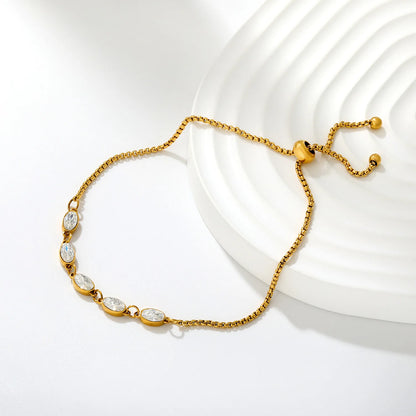 Minimalist Oval Clear CZ Bolo Bracelet | 8.5x3.7mm Marquise Oval Zircon | 24cm Adjustable Box Chain
