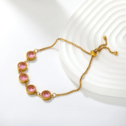 Milgrain Round Pink Zircon Bolo Bracelet | 8mm Round CZ | 24cm Adjustable Box Chain