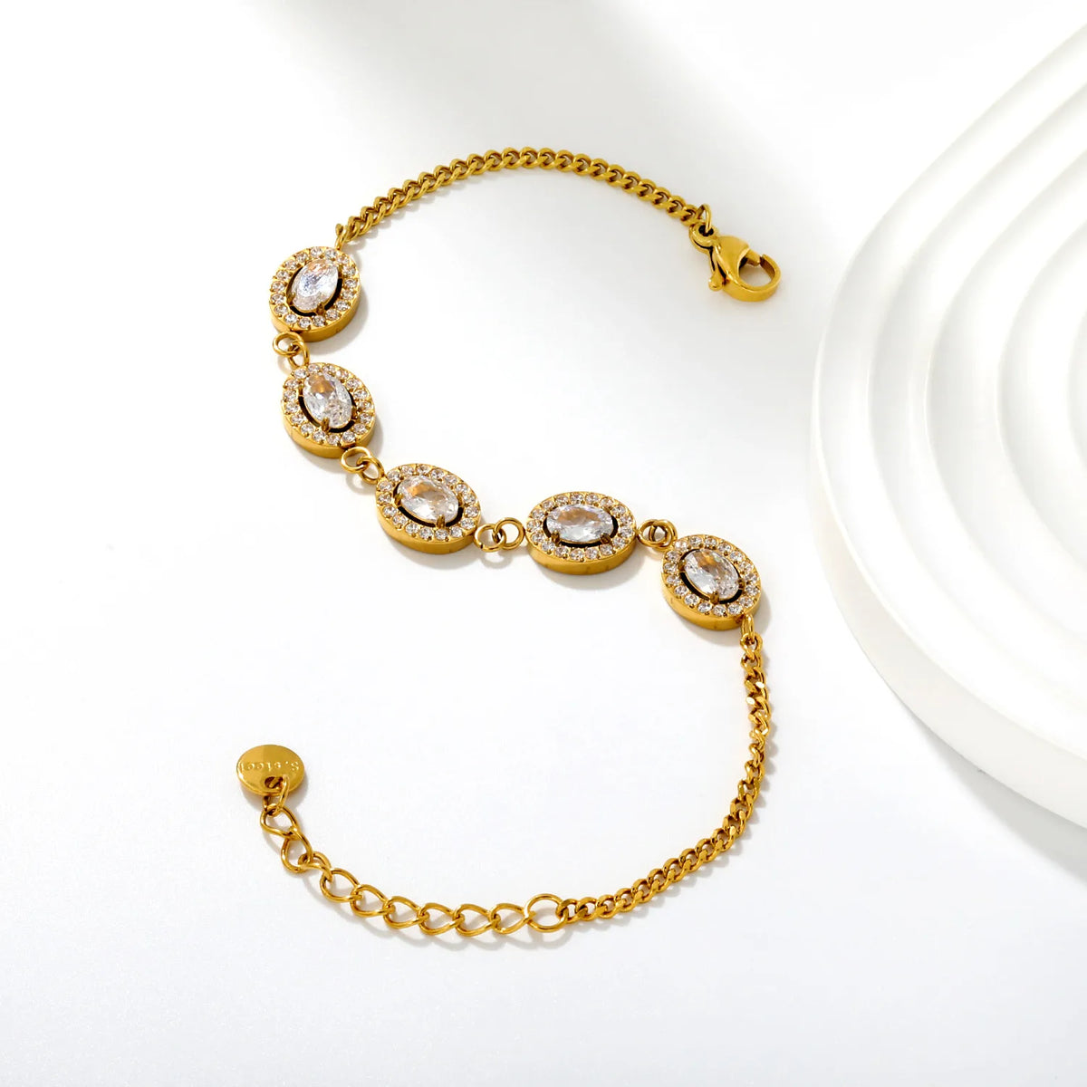 Halo Oval Clear Zircon Station Bracelet | 10x8.5mm Oval CZ | 17+3cm Curb Chain
