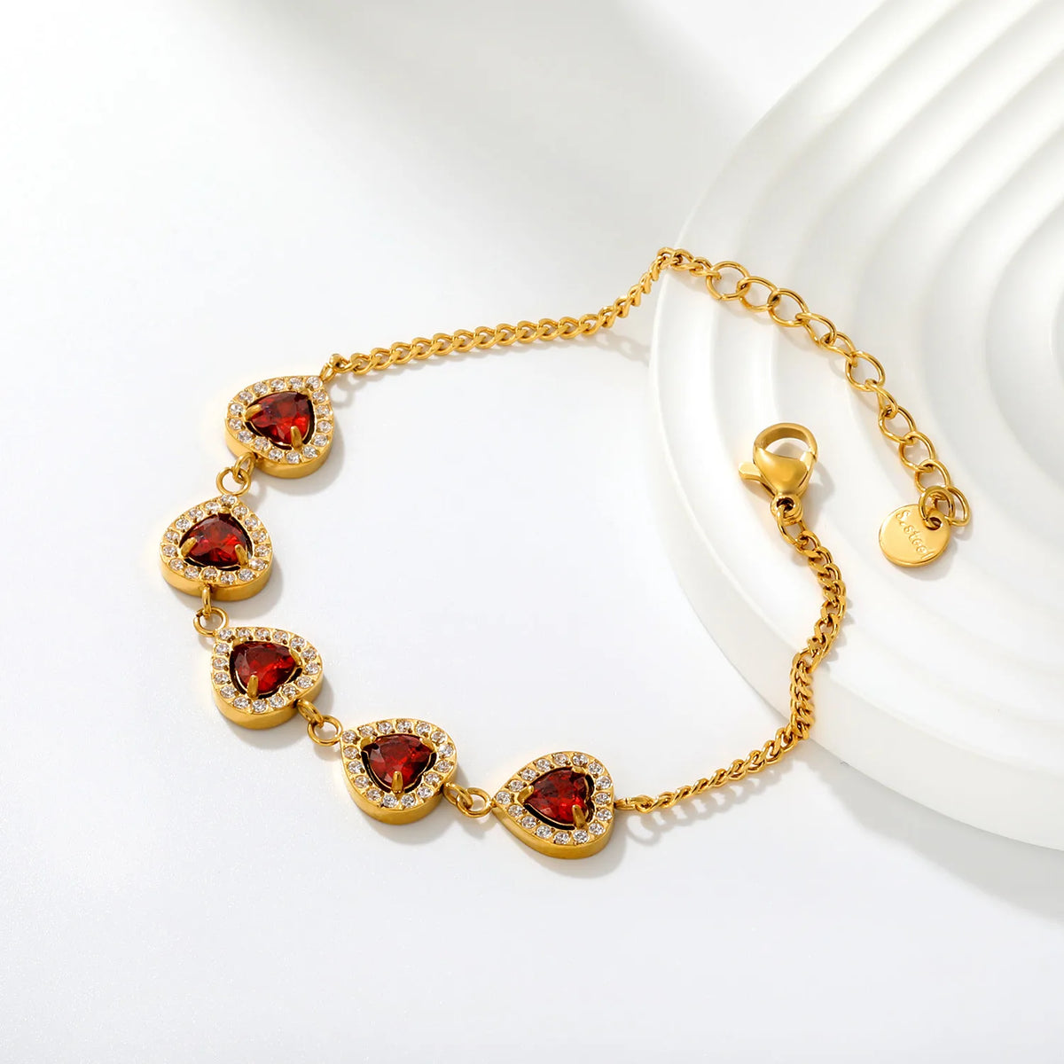 Romantic Halo Heart Red Zircon Station Bracelet | 10mm Heart CZ | 17+3cm Curb Chain