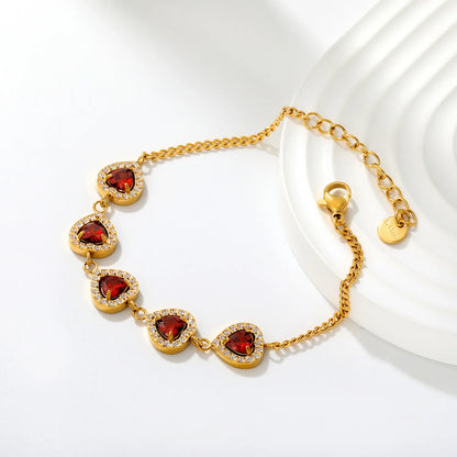 Romantic Halo Heart Red Zircon Station Bracelet | 10mm Heart CZ | 17+3cm Curb Chain