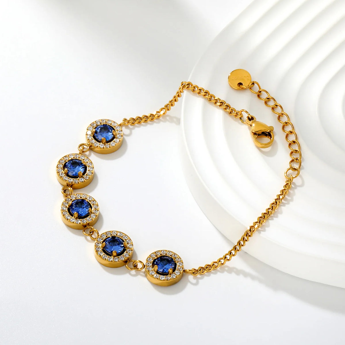 Elegant Bezel Set Sapphire Blue Cubic Zirconia Halo Bracelet | 10mm Double Layer CZ Charm | 17+3cm Curb Chain