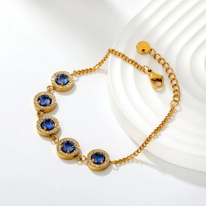 Elegant Bezel Set Sapphire Blue Cubic Zirconia Halo Bracelet | 10mm Double Layer CZ Charm | 17+3cm Curb Chain
