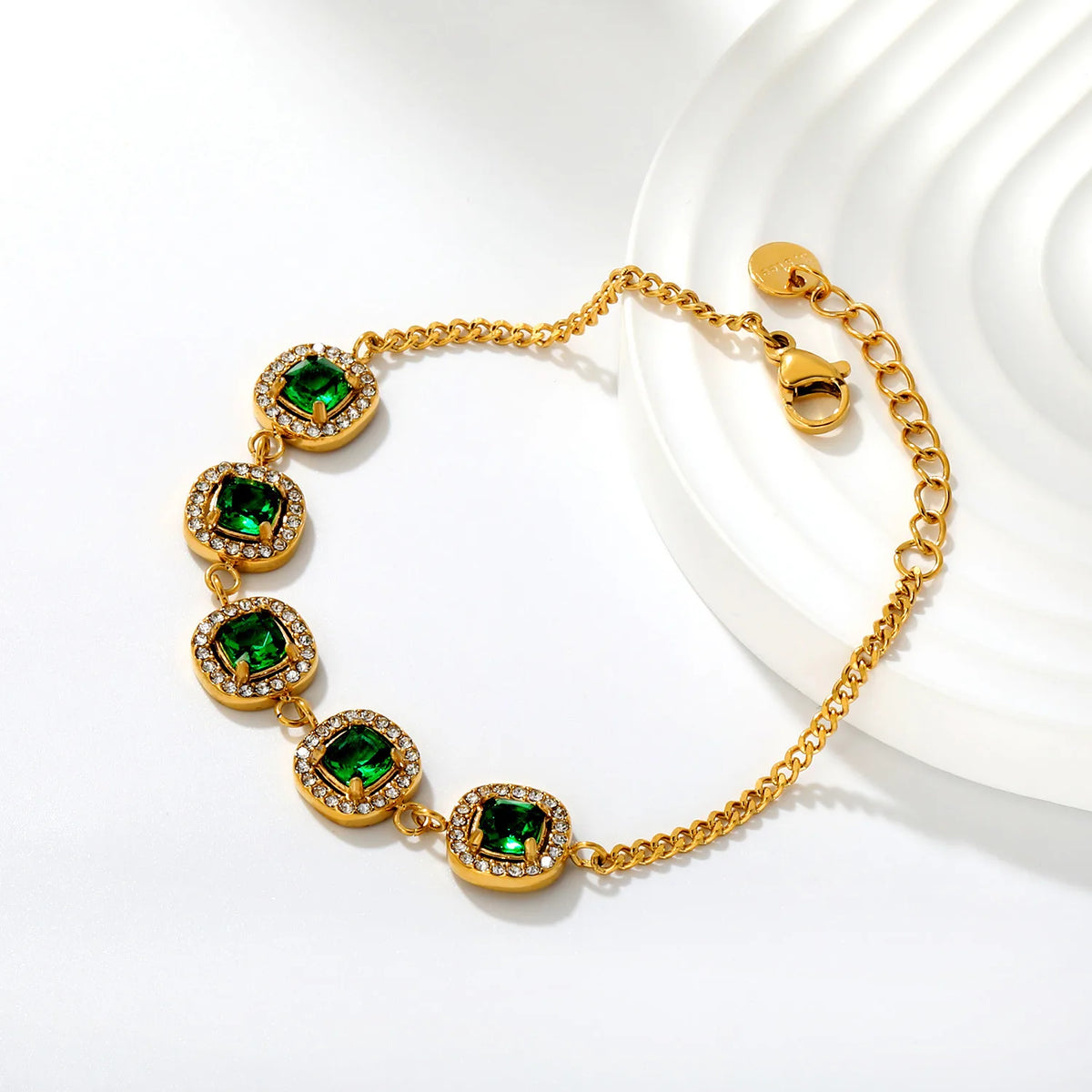 Halo Cushion Green Zircon Station Bracelet | 10mm Square Cushion CZ | 17+3cm Curb Chain