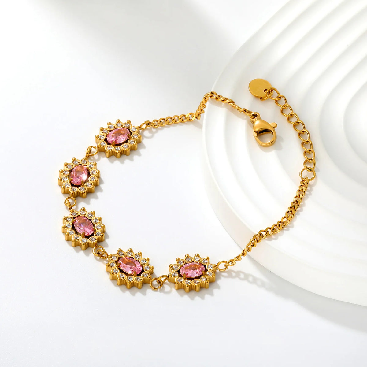 Ornate Floral Halo Oval Pink Zircon Station Bracelet | 12x10mm Oval CZ | 17+3cm Curb Chain
