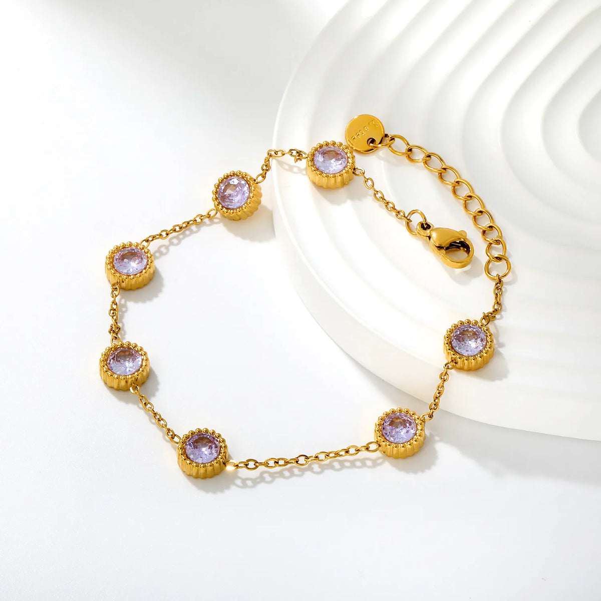 Vintage Milgrain Round Lavender Zircon Station Bracelet | 7.5mm Round CZ | 17+3cm Adjustable Chain